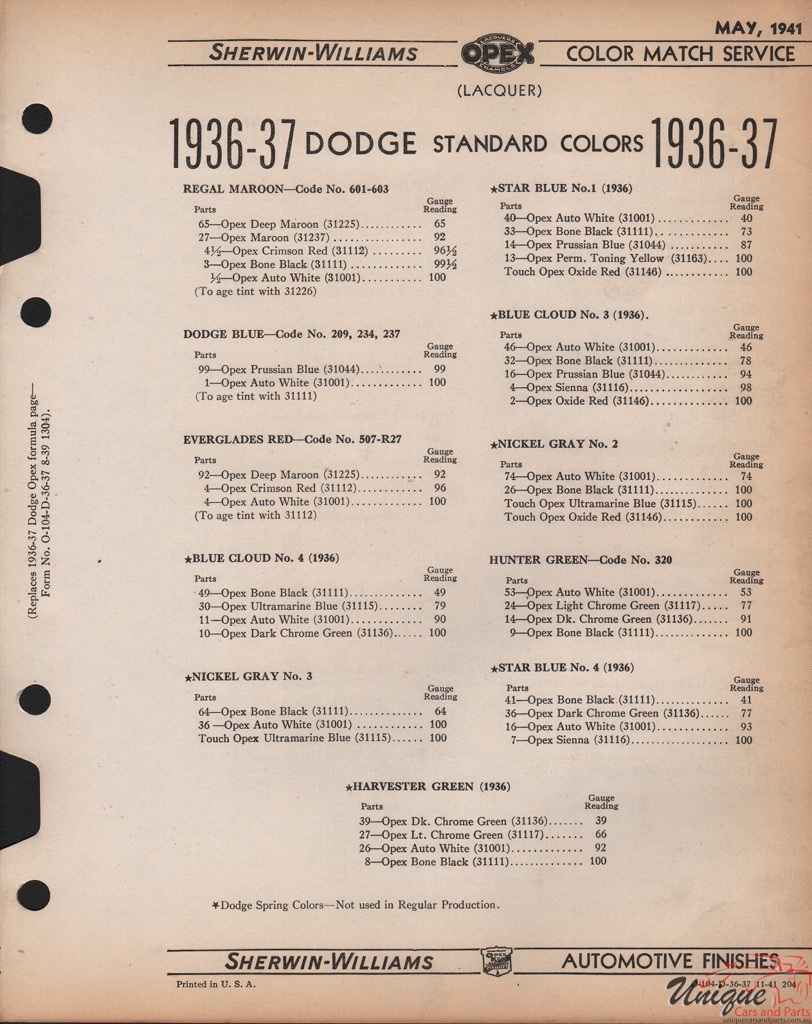 1936 Dodge Paint Charts Williams 3